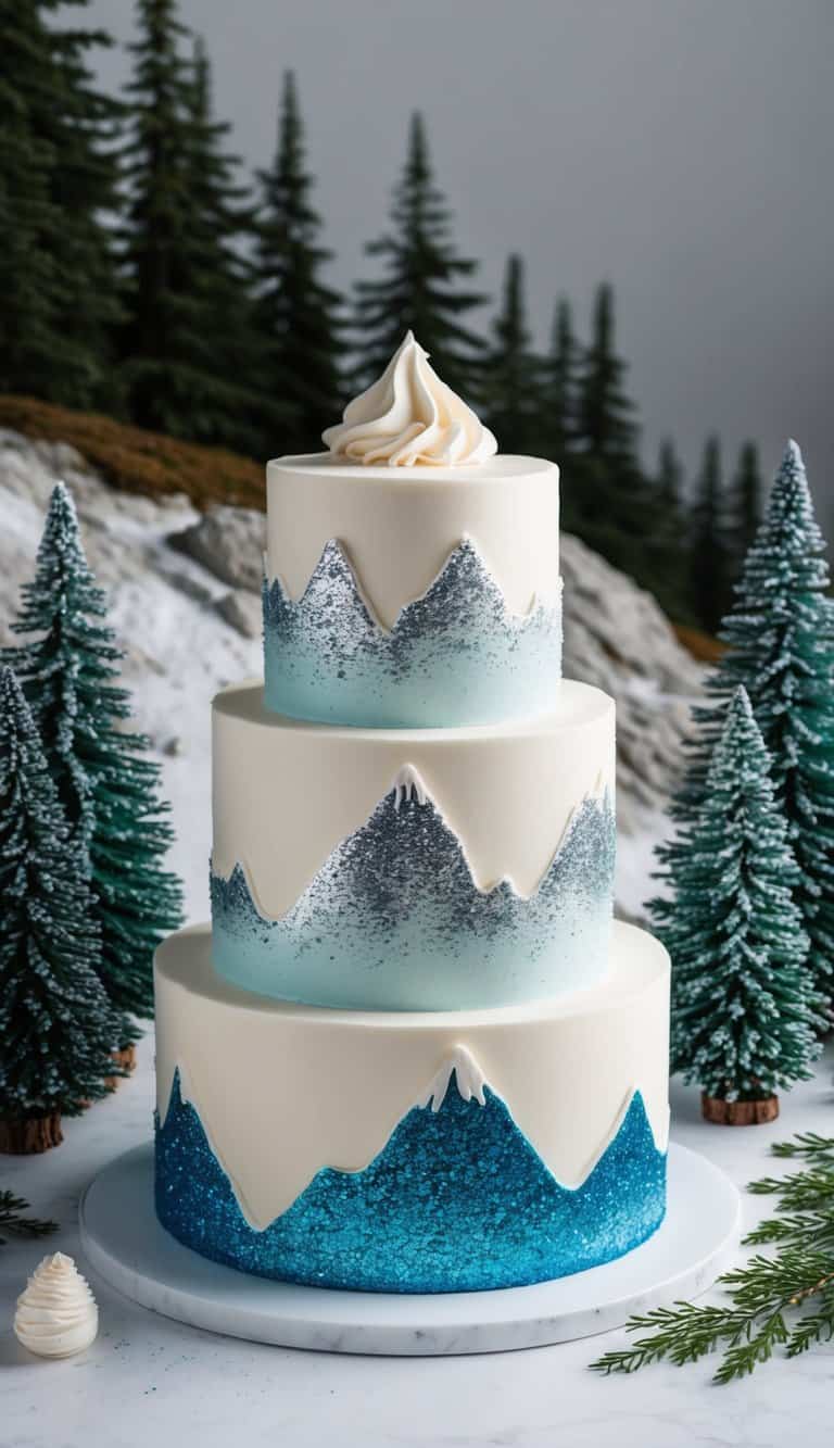 A snow-capped mountain cake with edible glitter creating an icy effect, surrounded by rugged terrain and pine trees