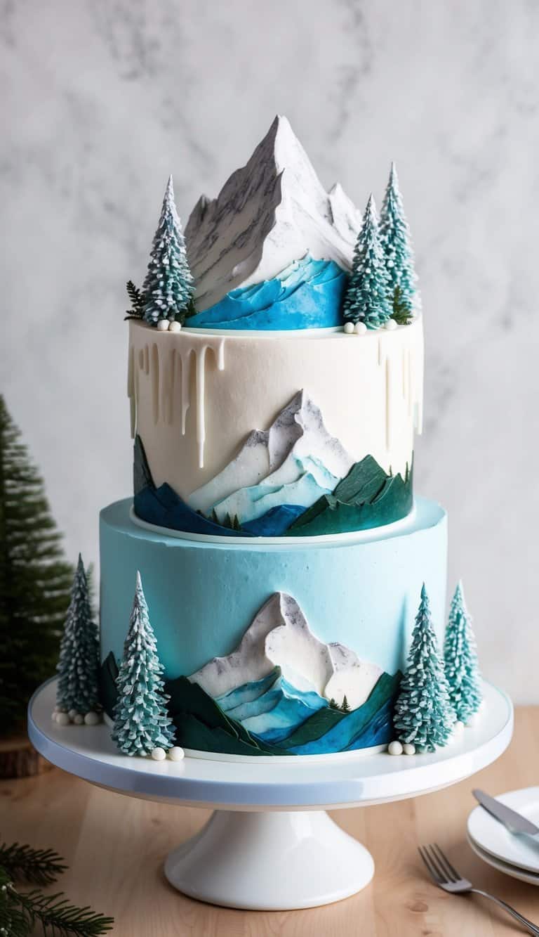 Snow-capped mountain cake with sugar icicles, pine trees, and a rugged, scenic landscape