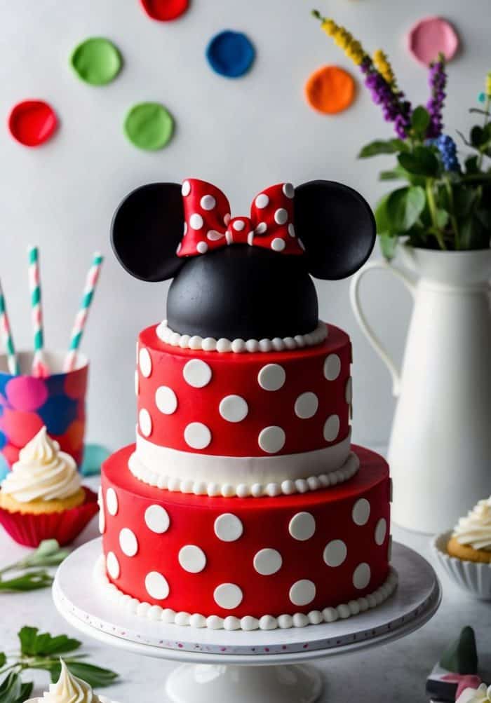 A two-tiered red cake with white polka dots, topped with Minnie Mouse ears and a red bow, sits on a white stand. Colorful cupcakes, paper straws, flowers, and wall decorations are in the background.