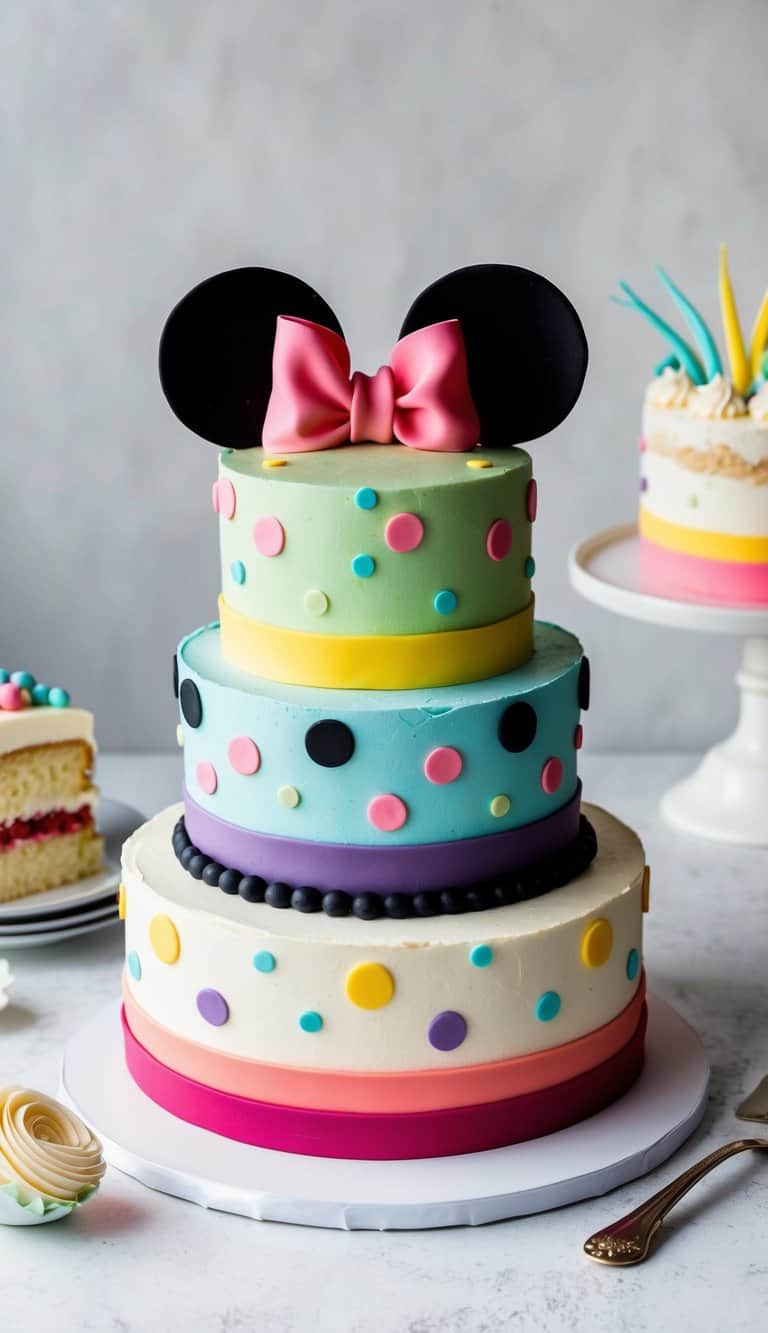 A colorful Minnie Mouse cake with a large bow topper surrounded by polka dots and other decorative elements