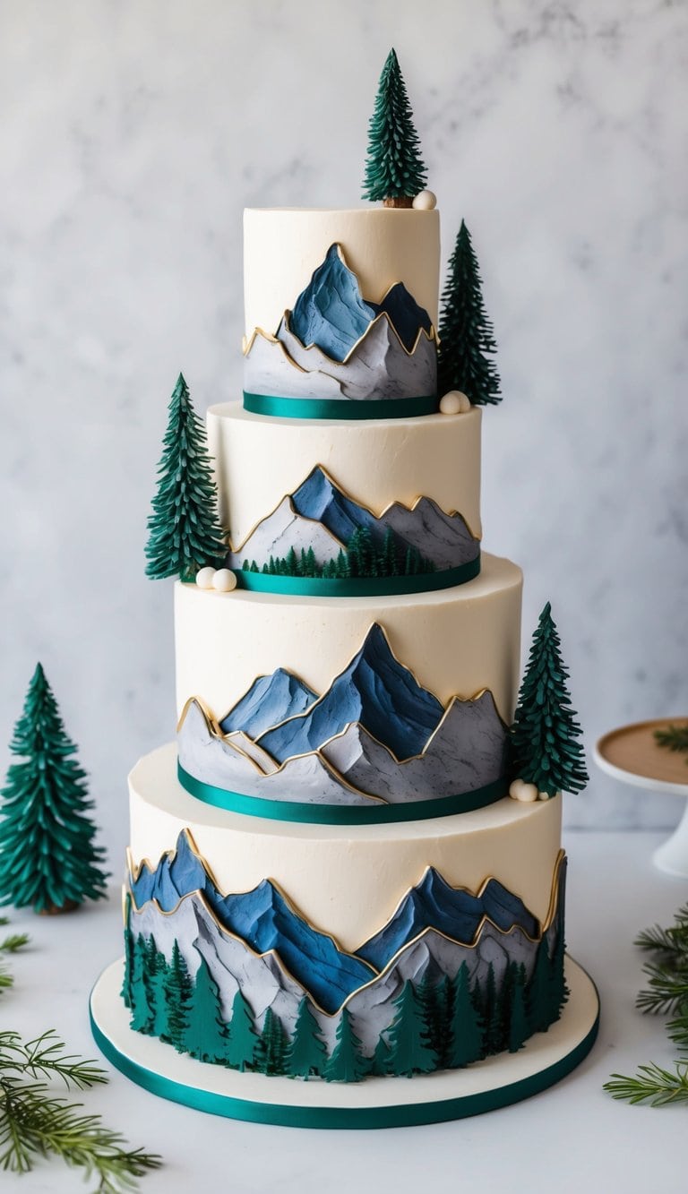 A towering mountain cake with multiple tiers, featuring rugged peaks, pine trees, and a scenic landscape