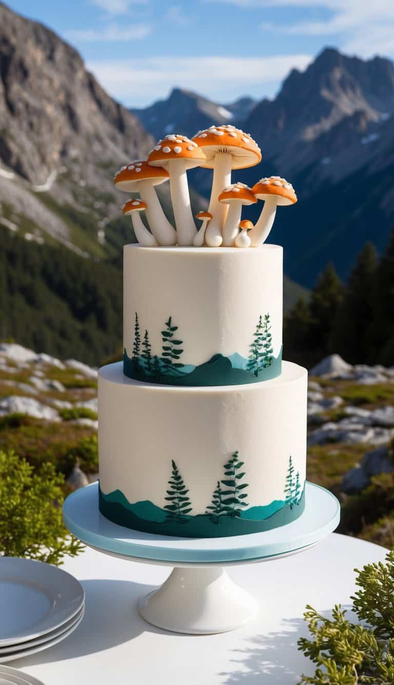 A cake decorated with edible fondant fungi, surrounded by scenic and rugged mountain landscapes