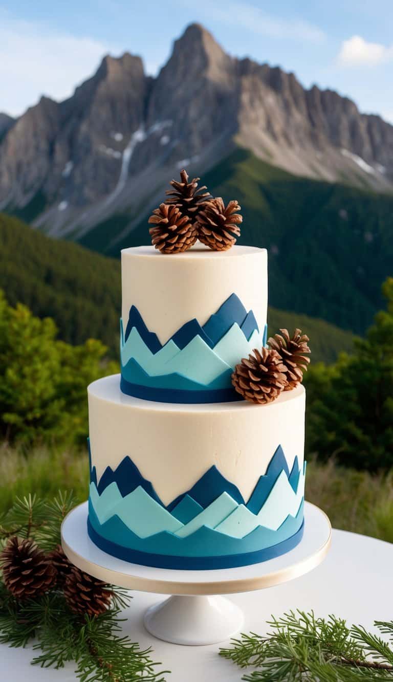 A mountain cake adorned with edible pine cones sits against a scenic backdrop of rugged peaks and lush greenery