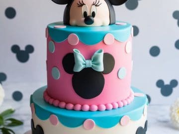 Two-tiered cake decorated with Minnie Mouse ears, pink bow, pastel polka dots, and black mouse silhouettes. The top features a 3D Minnie Mouse head. The cake is surrounded by white flowers and a matching themed backdrop.