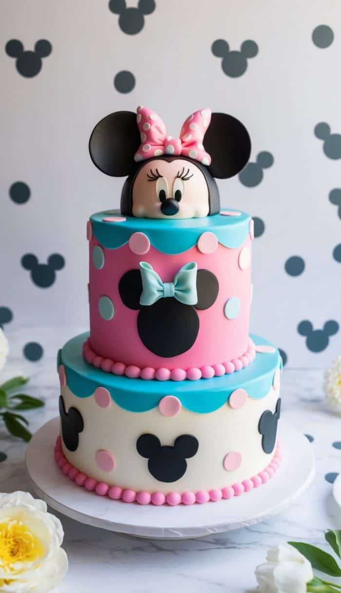 Two-tiered cake decorated with Minnie Mouse ears, pink bow, pastel polka dots, and black mouse silhouettes. The top features a 3D Minnie Mouse head. The cake is surrounded by white flowers and a matching themed backdrop.