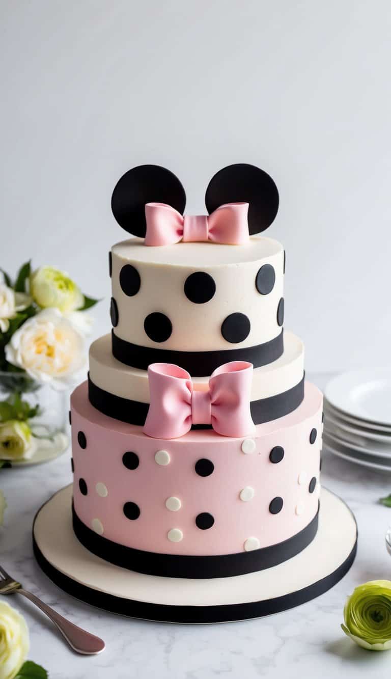 A fondant Minnie Mouse cake with pink and white tiers. The pink tier is adorned with white and black dots, while the white tier is adorned with black dots. The cake is topped with Minnie's ears and bow in fondant.