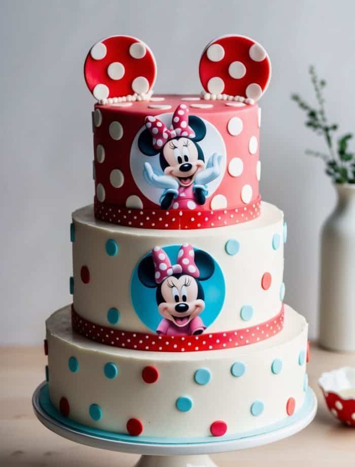 Three-tier cake decorated with Minnie Mouse faces, red and white polka dots, blue accents, and large Minnie Mouse ears on top, displayed on a white cake stand with utensils nearby.