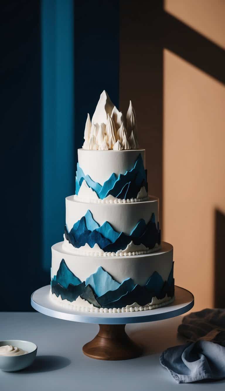 A majestic mountain cake surrounded by deep blue shadows with contrasting warm tones, evoking a rugged and scenic landscape