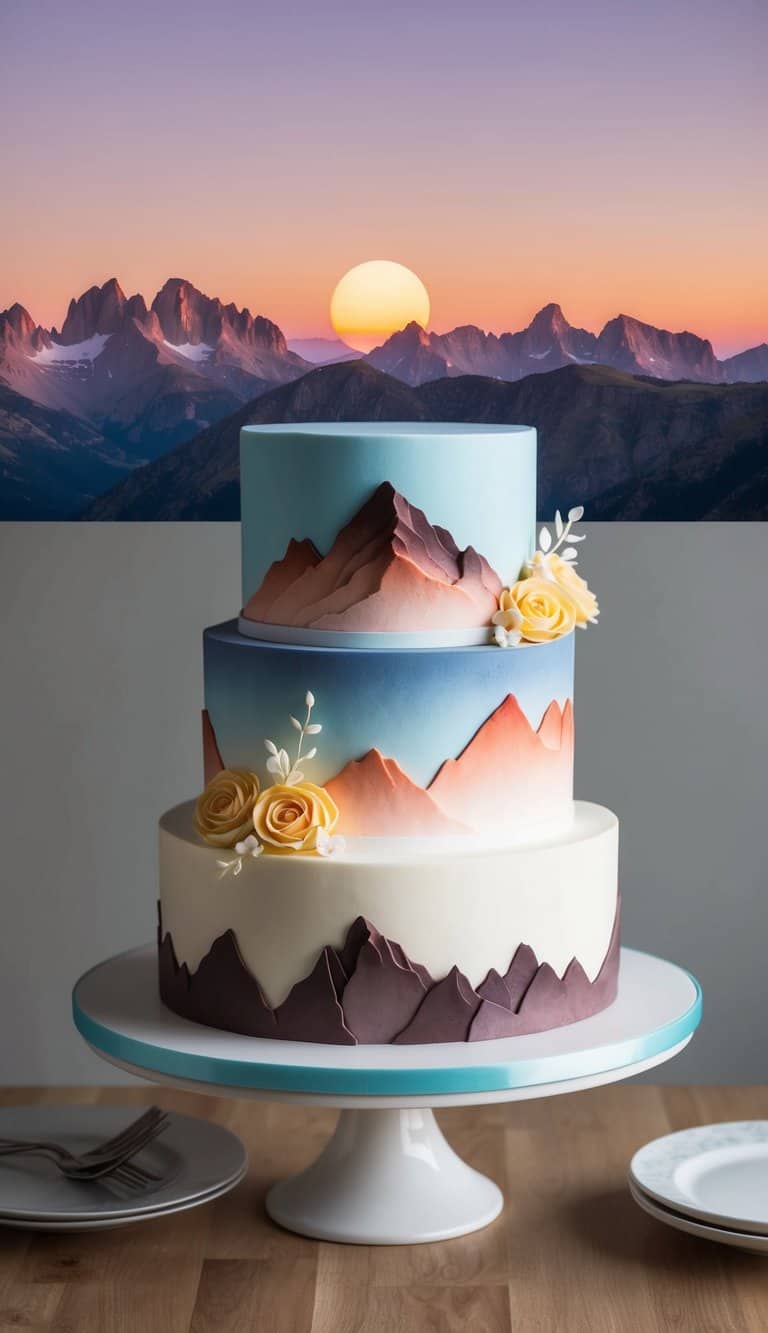 The sun sets behind a rugged mountain range, casting a warm glow over the peaks and creating a beautiful gradient of colors in the sky