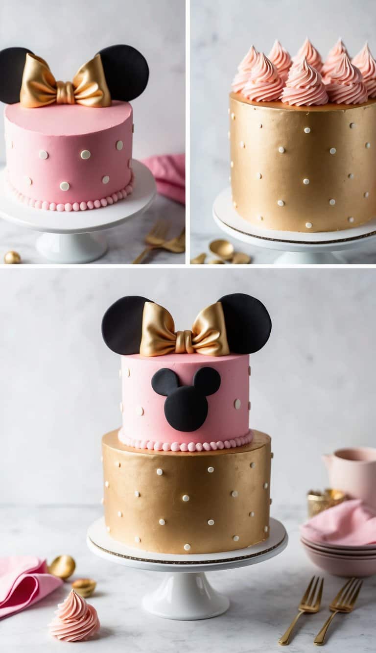 A pink and gold Minnie Mouse cake surrounded by polka dot decorations