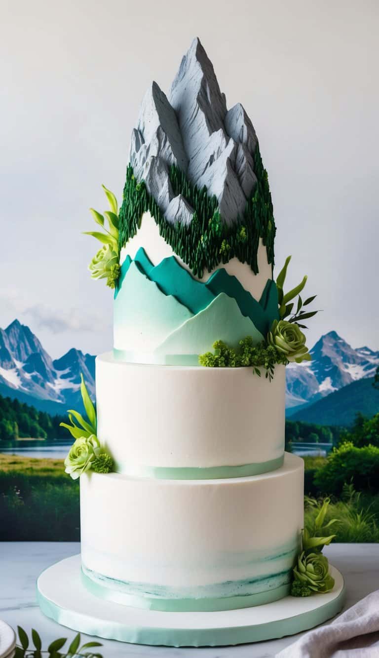 A towering mountain cake with lush greenery and rugged peaks, surrounded by a serene and picturesque landscape