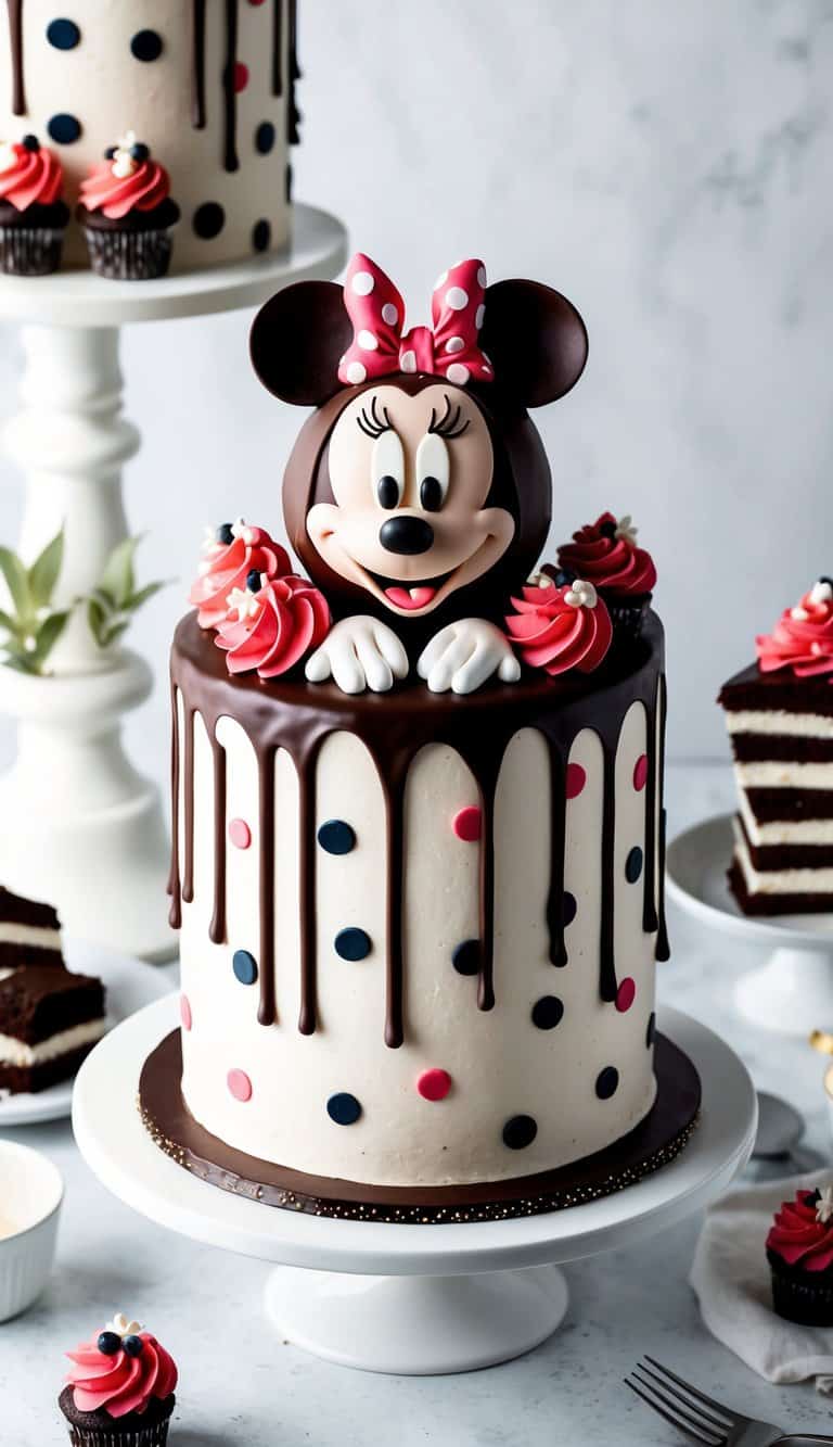 A Minnie Mouse themed chocolate drip cake surrounded by polka dot decorations