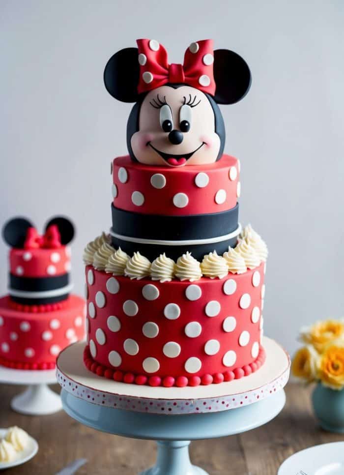 A two-tiered cake decorated to look like Minnie Mouse, with red and white polka dots, her face and ears on top, and a red bow. Another smaller Minnie Mouse-themed cake is in the background.