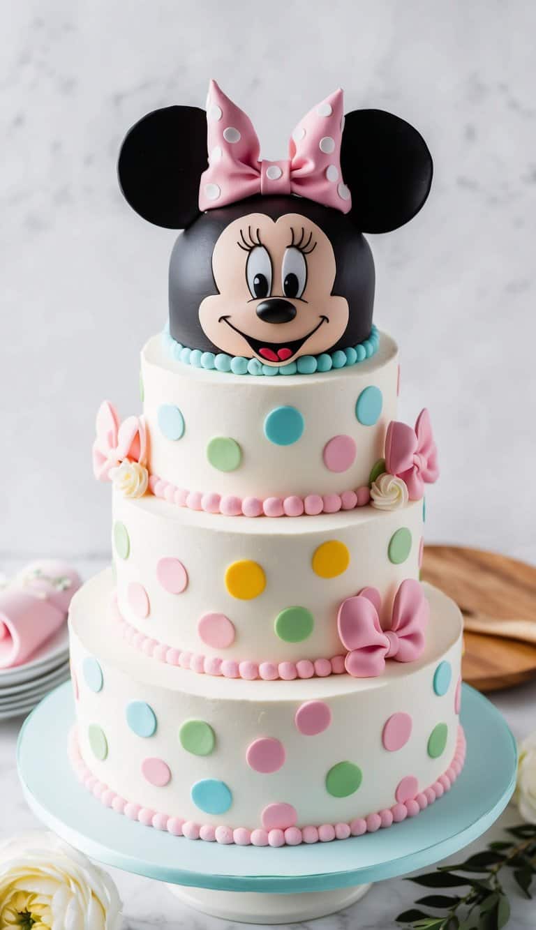 A three-tiered cake decorated with colorful pastel polka dots, pink bows, and topped with a Minnie Mouse head featuring a pink polka dot bow. The cake sits on a light blue cake stand.