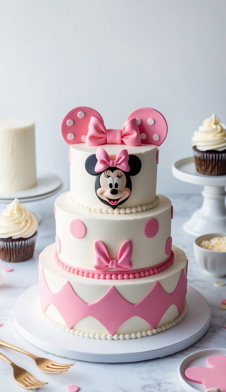 A two-tiered cake decorated with pink and white fondant, featuring Minnie Mouse’s face and pink bow on the top tier. Pink polka dots, bows, and Minnie's signature ears adorn the cake. Cupcakes and utensils are nearby.