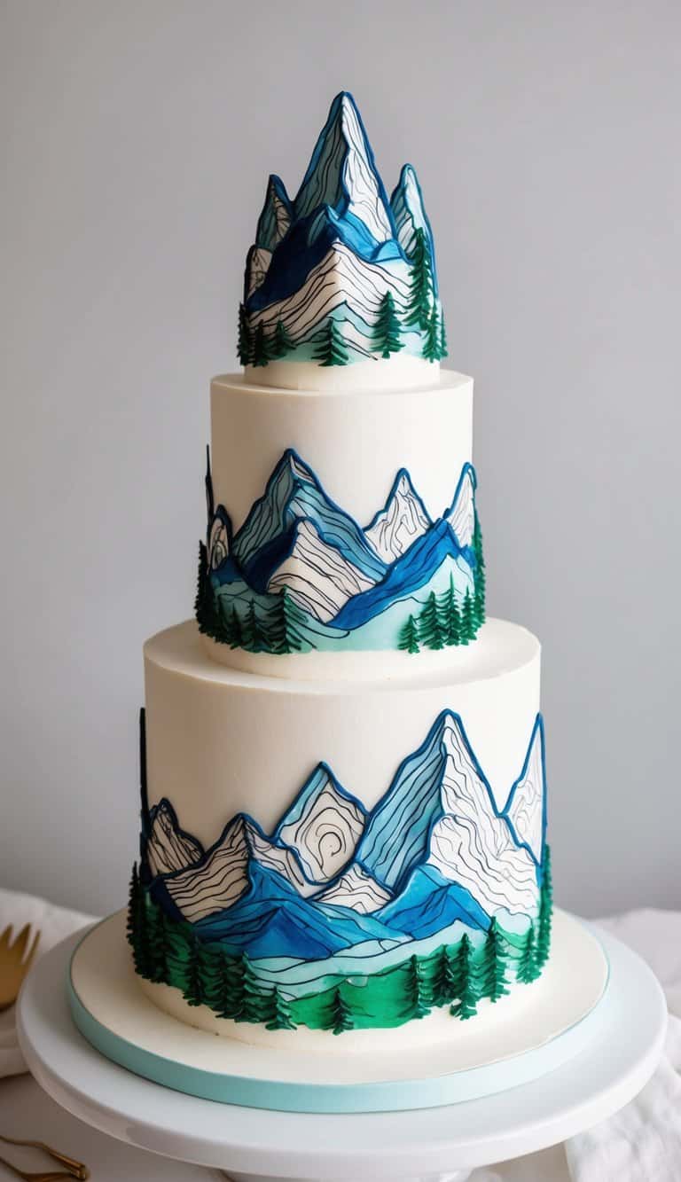 A towering mountain cake adorned with intricate gel pen designs, showcasing rugged peaks and scenic landscapes