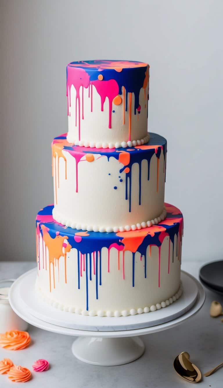 Vibrant neon paint splatters cover a cake, creating bold and glowing designs