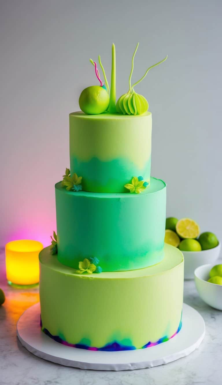 A three-tiered cake covered in electric lime green fondant, adorned with vibrant neon decorations and glowing colors