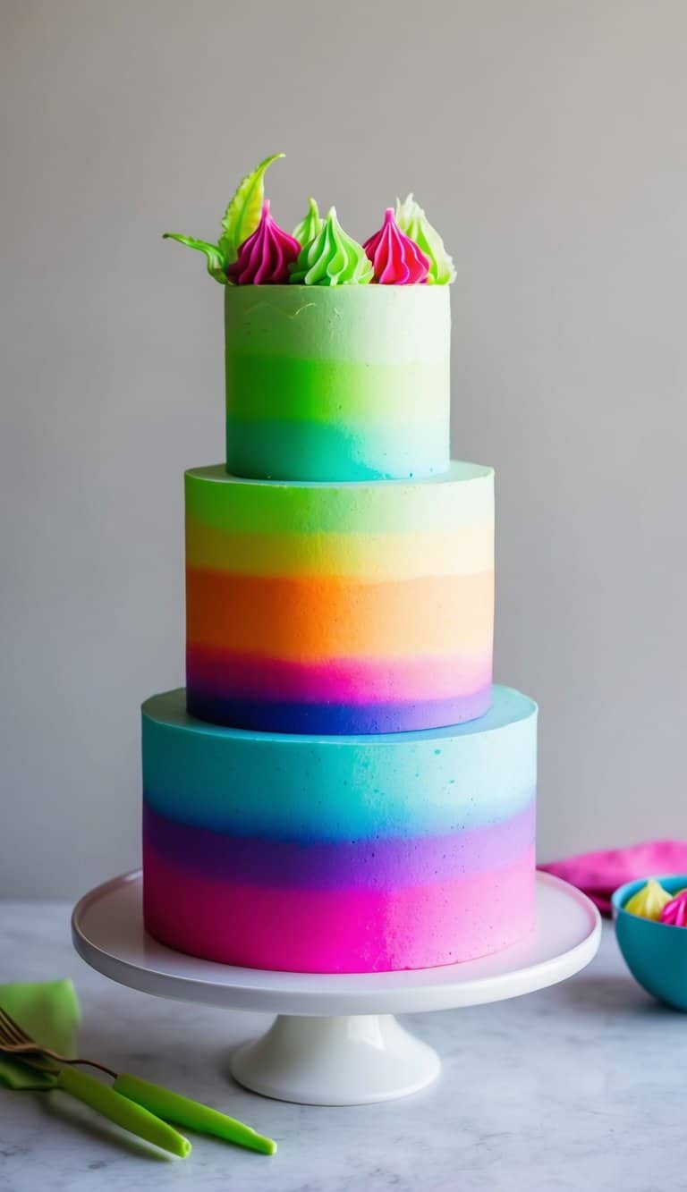 A neon ombre buttercream cake with vibrant glowing colors