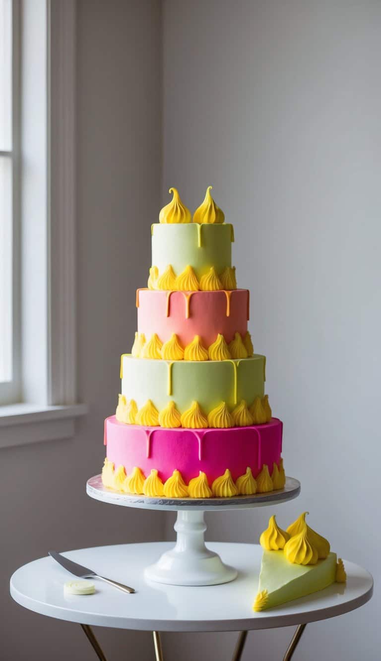 Vibrant neon cakes with yellow piping stand on a display table