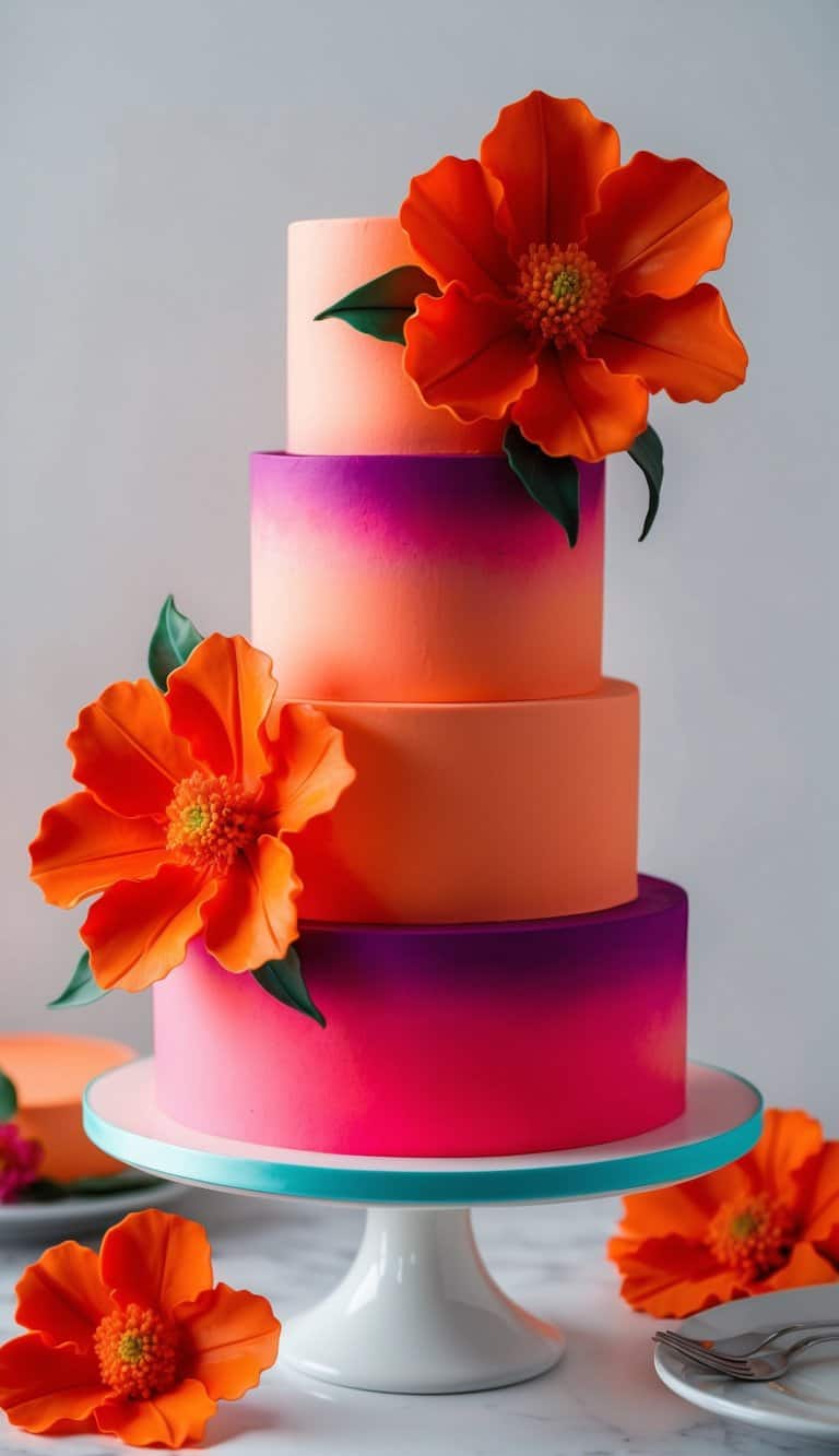 Vibrant orange sugar flowers adorn a neon cake, glowing with bold colors