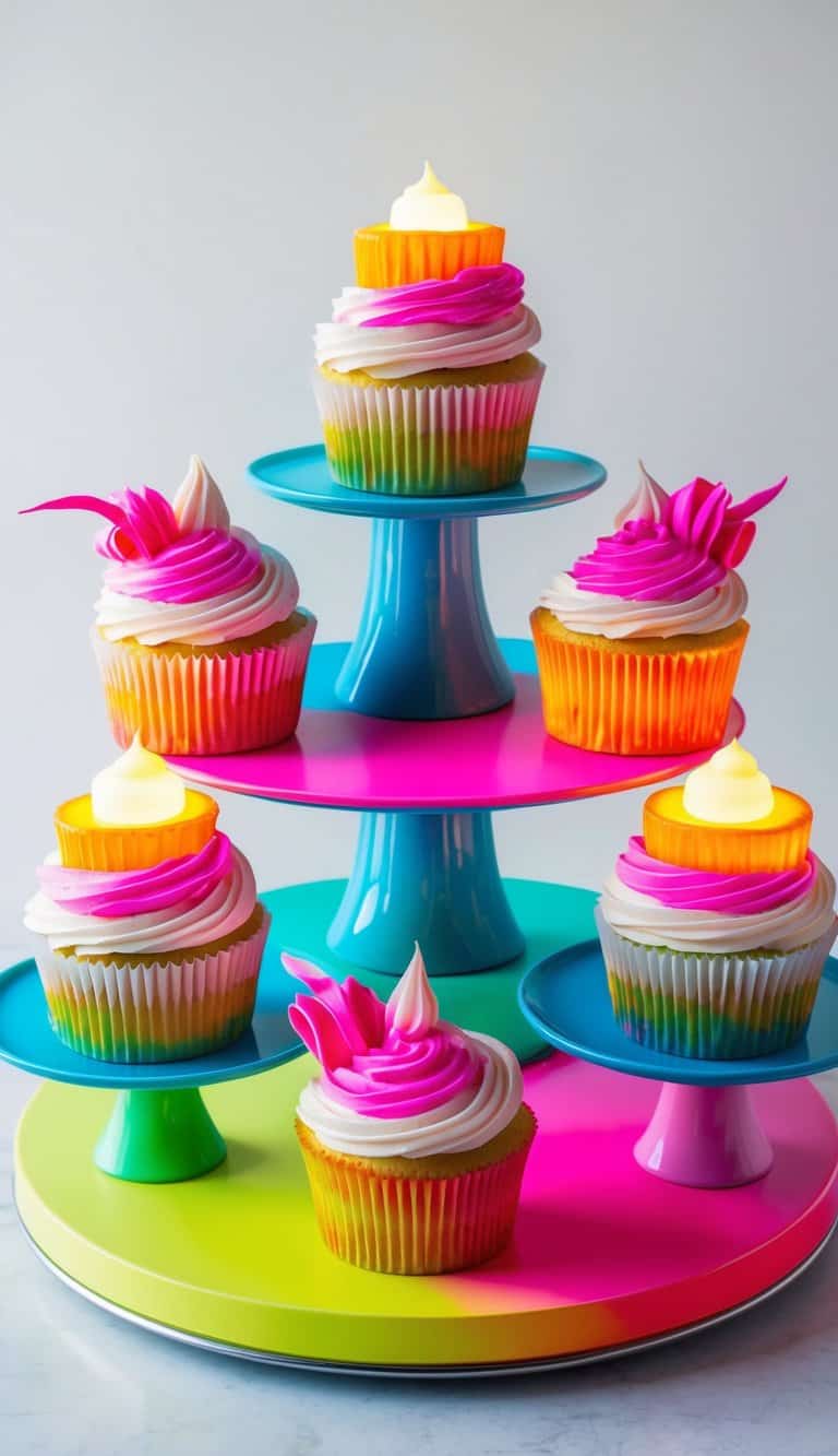 Vibrant neon cupcakes with glowing toppers on a colorful display stand