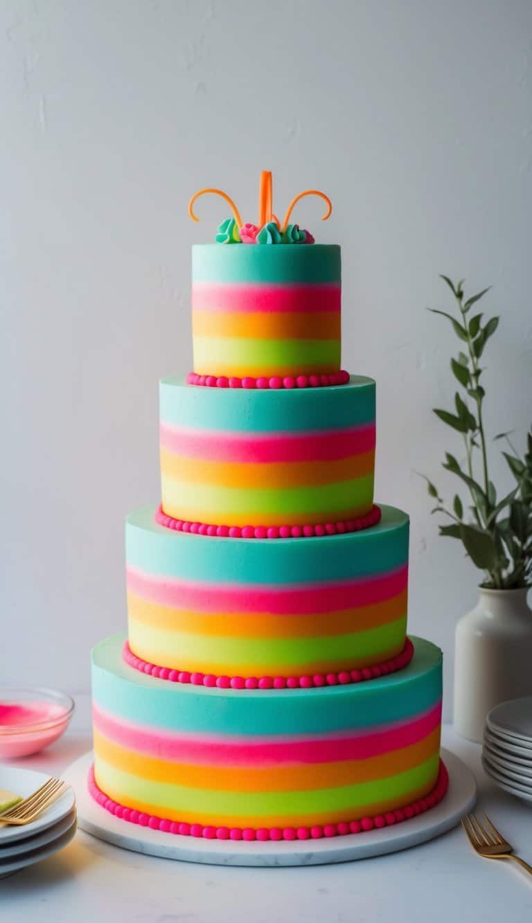 A neon striped layer cake glowing with vibrant colors