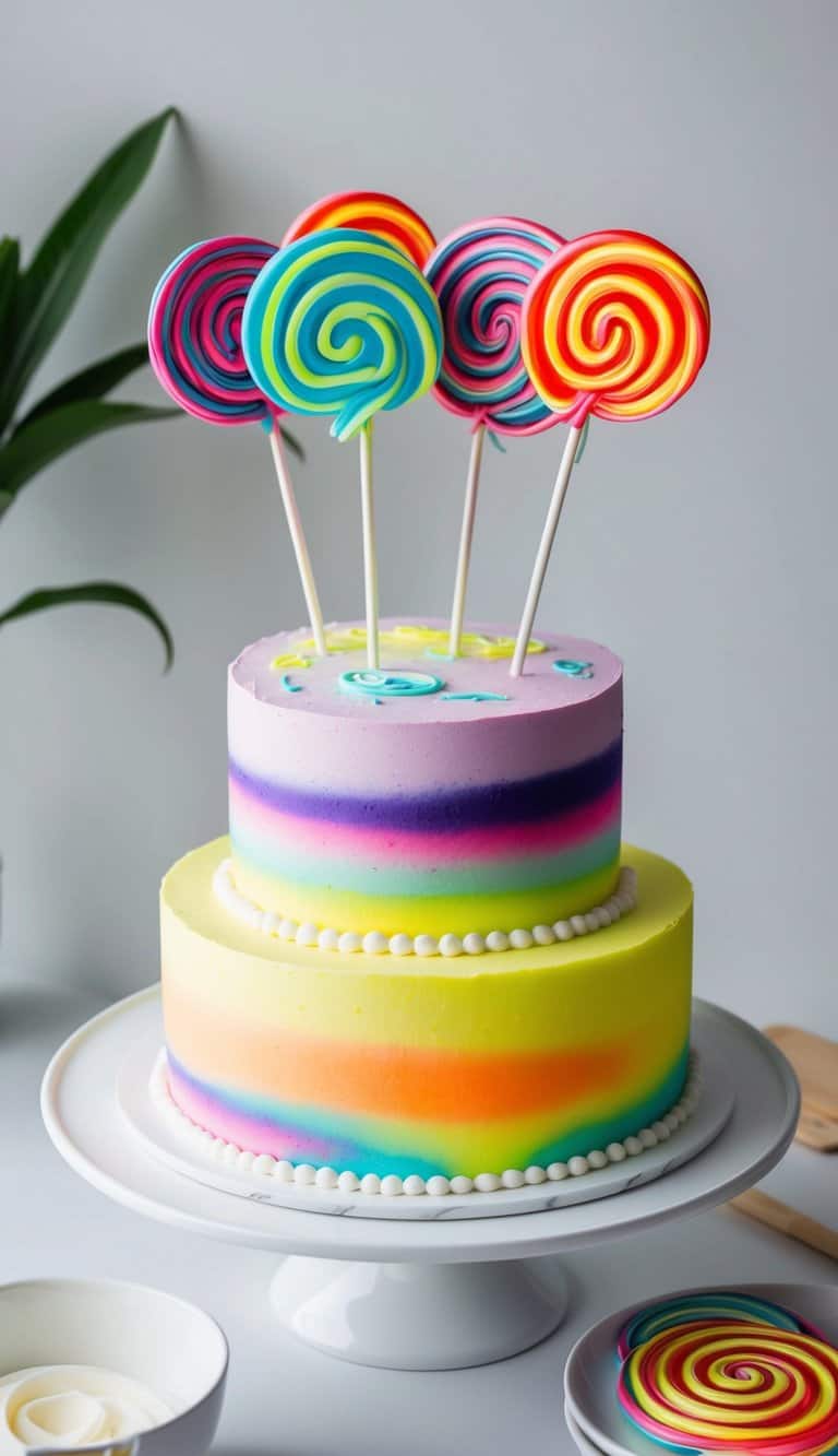 Vibrant neon lollipops adorn a colorful cake with glowing accents