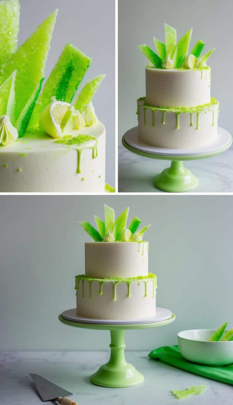 Vibrant lime twist sugar shards on a neon cake