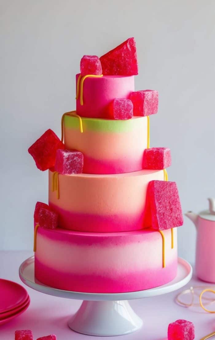 A three-tiered pink ombre cake topped with large and small red jelly candies, gold drizzle accents, and displayed on a white cake stand. Pink plates and utensils are nearby.