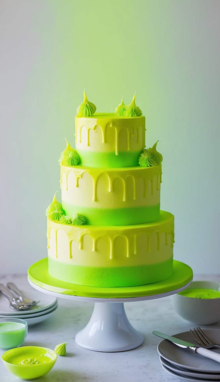 A vibrant neon cake decorated with day-glo yellow edible paint, glowing under bright lights