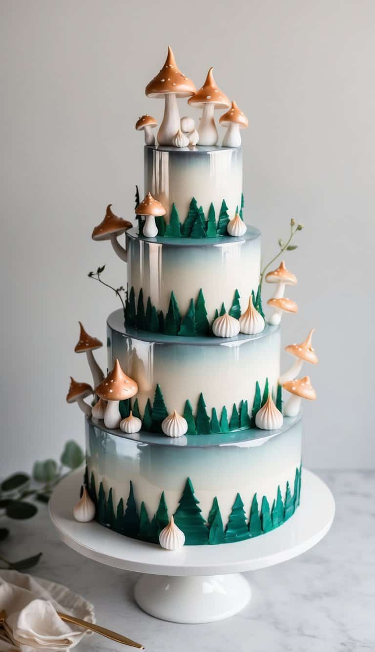 A whimsical cake adorned with meringue mushrooms and mirror glaze, evoking a fairytale forest