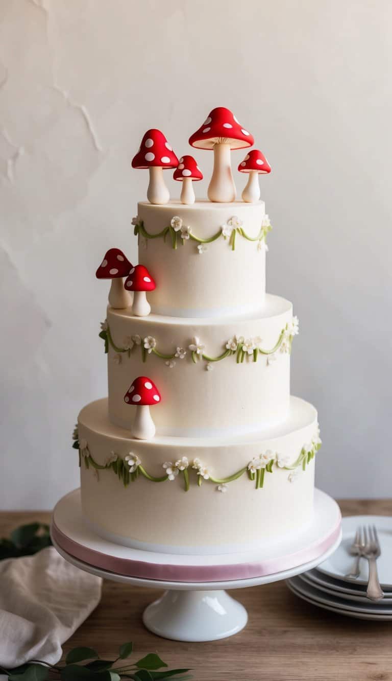 A whimsical cake adorned with buttercream mushrooms in a fairytale-inspired setting