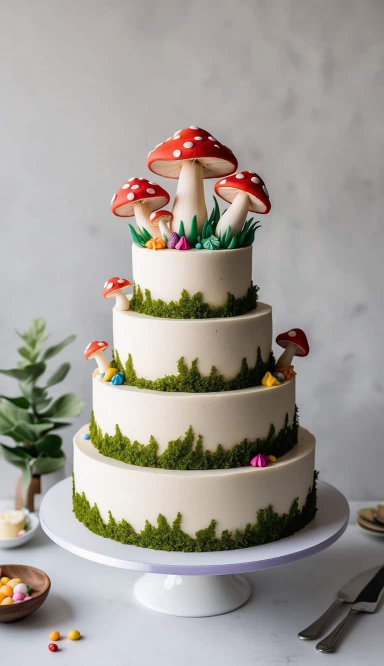 A whimsical mushroom forest cake with edible sponge moss and colorful decorations