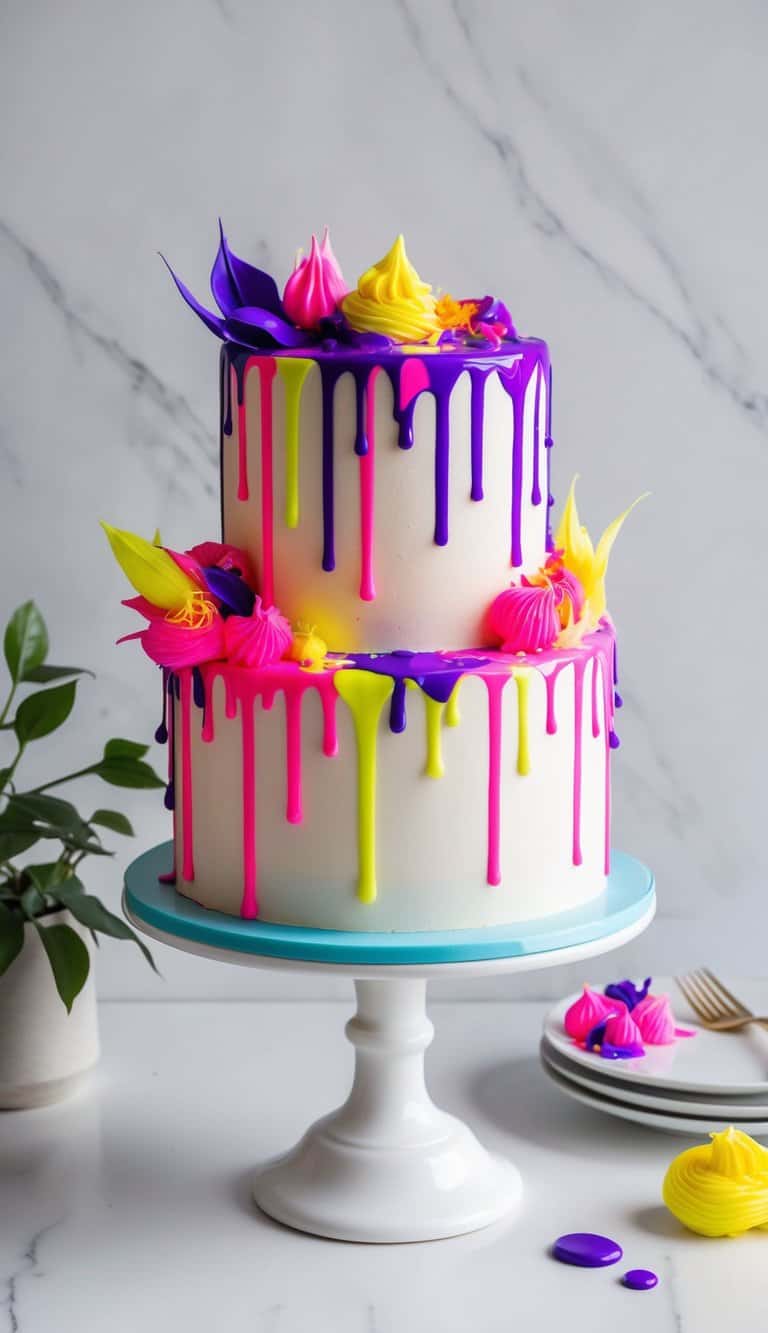 Vibrant neon abstract art drizzling over a cake, creating bold and glowing colors