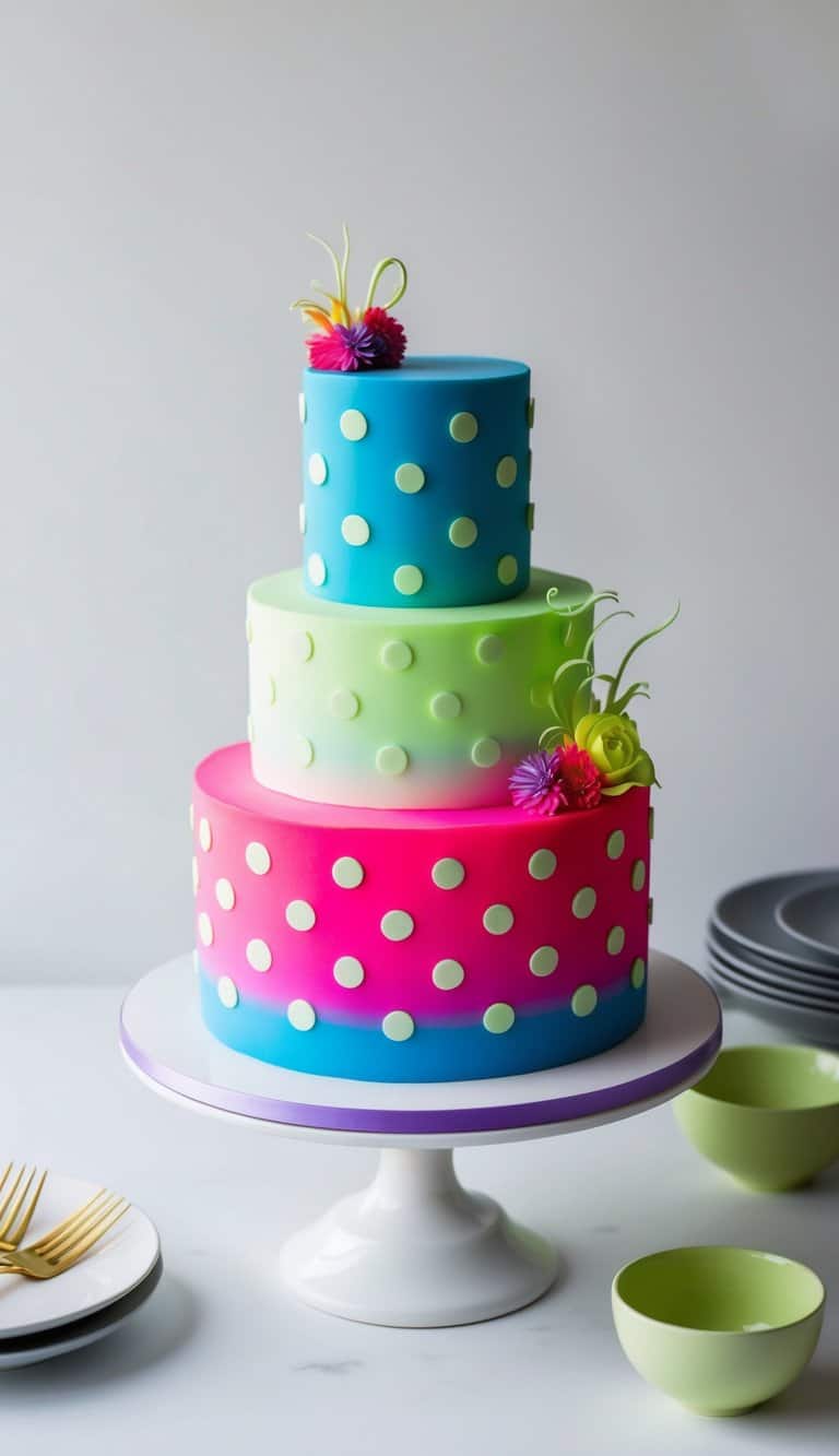 A colorful neon cake adorned with a glowing polka dot pattern