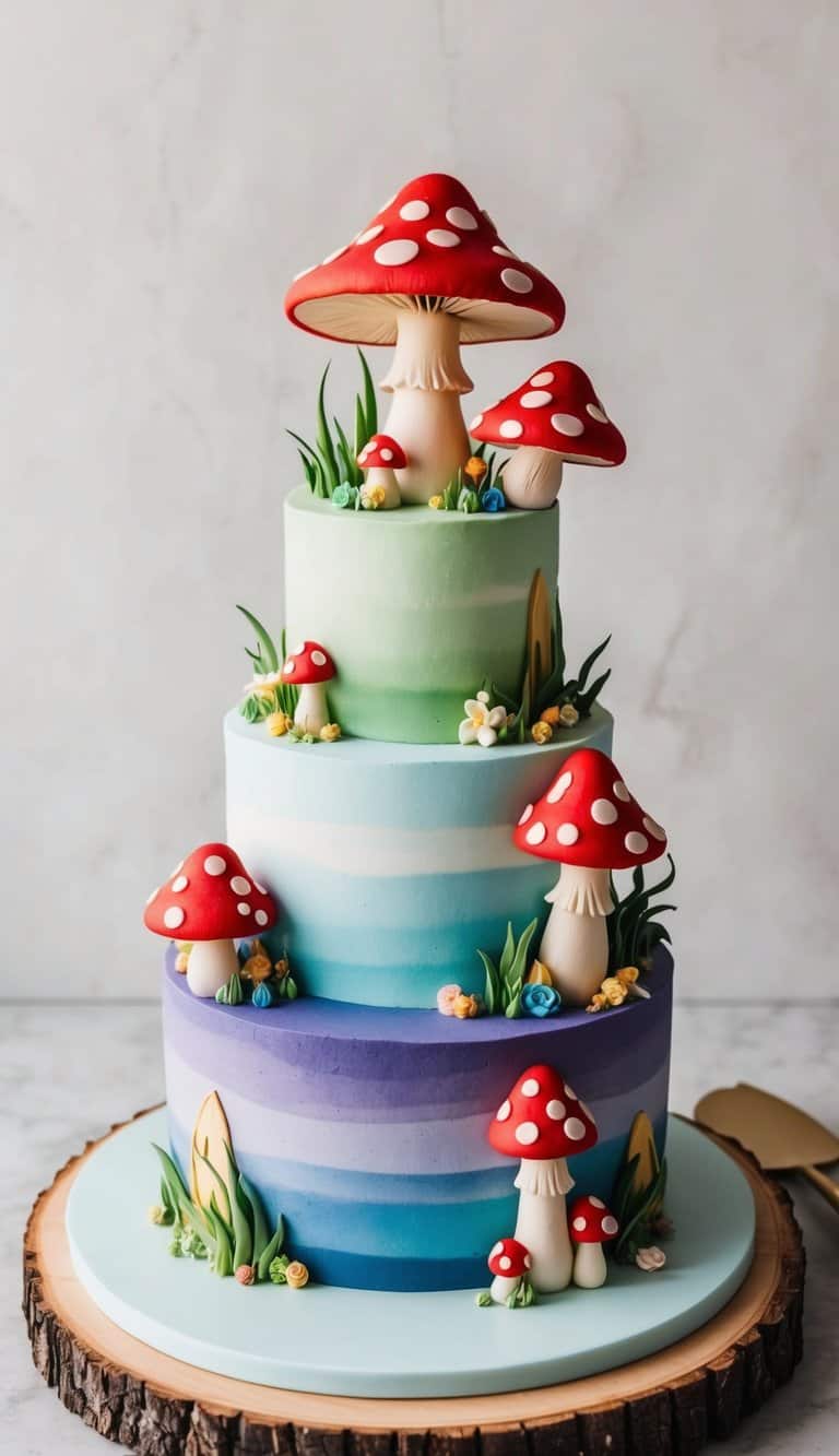 Whimsical mushroom forest with colorful fairytale-inspired cakes