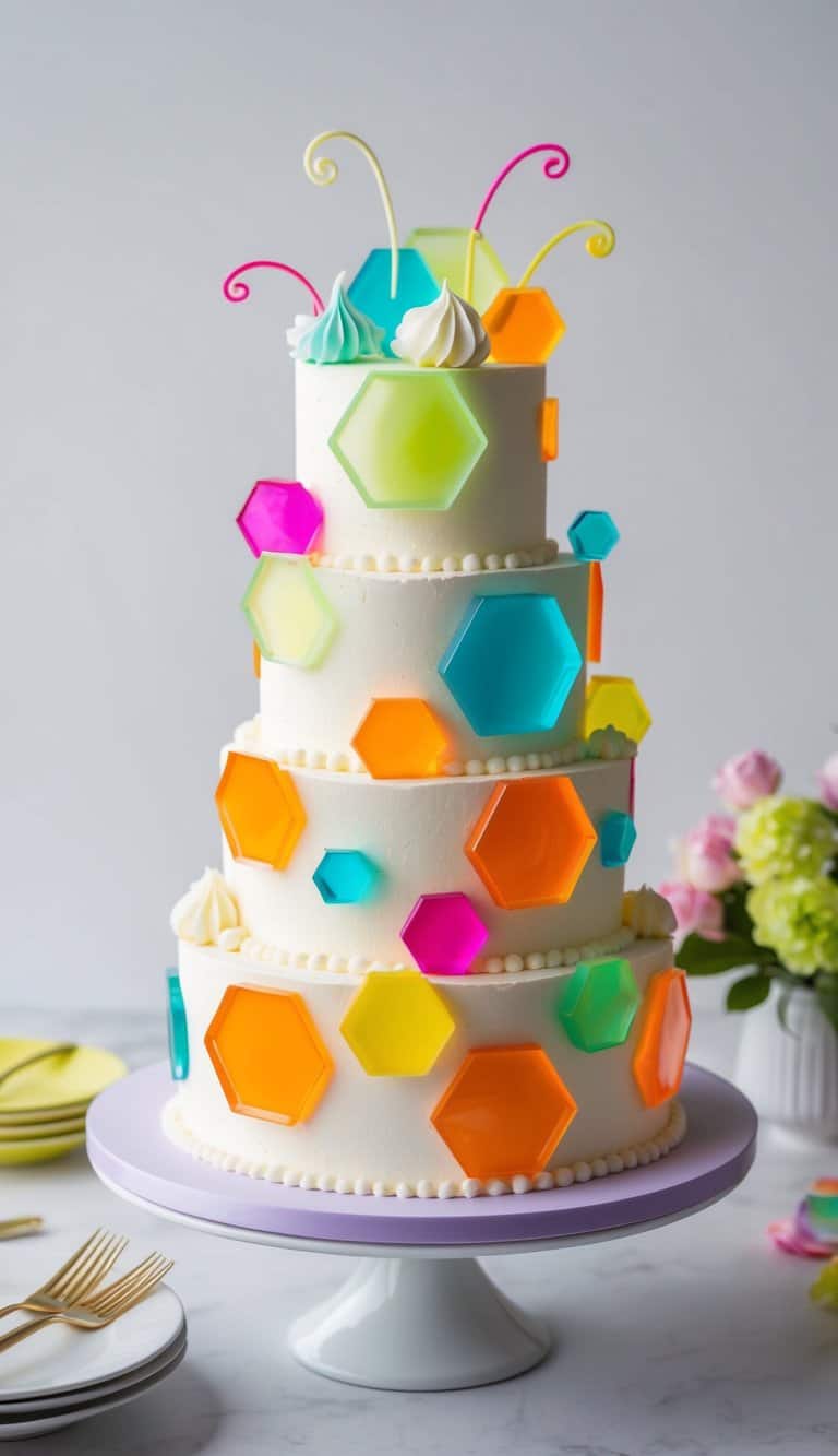 Vibrant neon gelatin shapes arranged on a cake, emitting a glowing and bold color palette