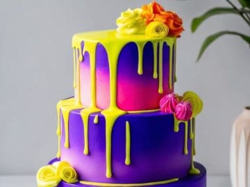 A three-tiered cake with a purple and pink gradient, decorated with bright yellow drips and colorful fondant flowers, sits on a white cake stand. A plant and plates are in the background.