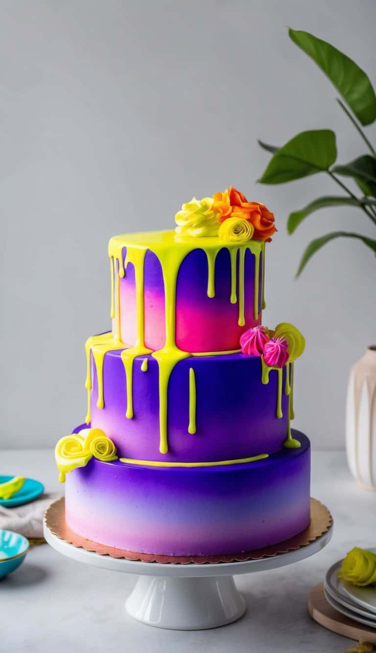 Electric yellow melted chocolate drizzling over a vibrant neon cake with bold and glowing colors