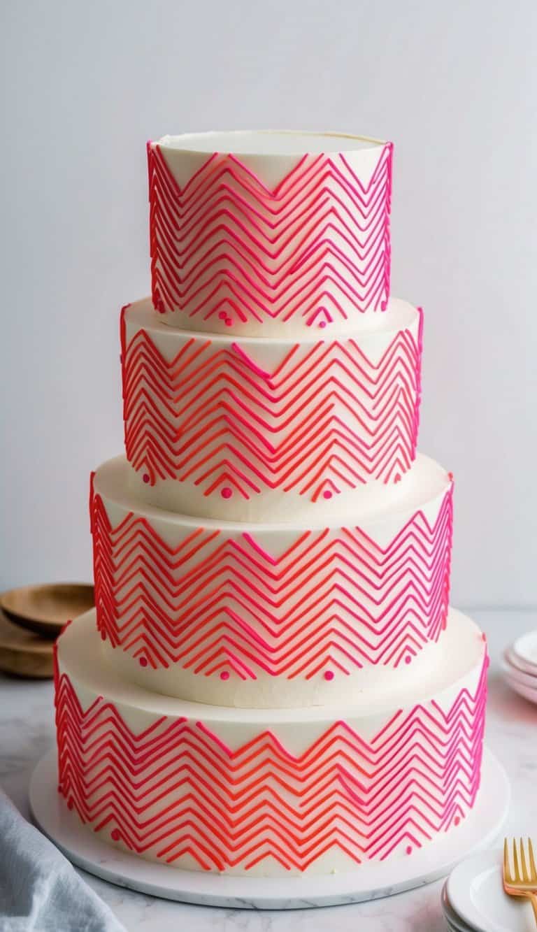 Vibrant neon herringbone patterned icing on a cake