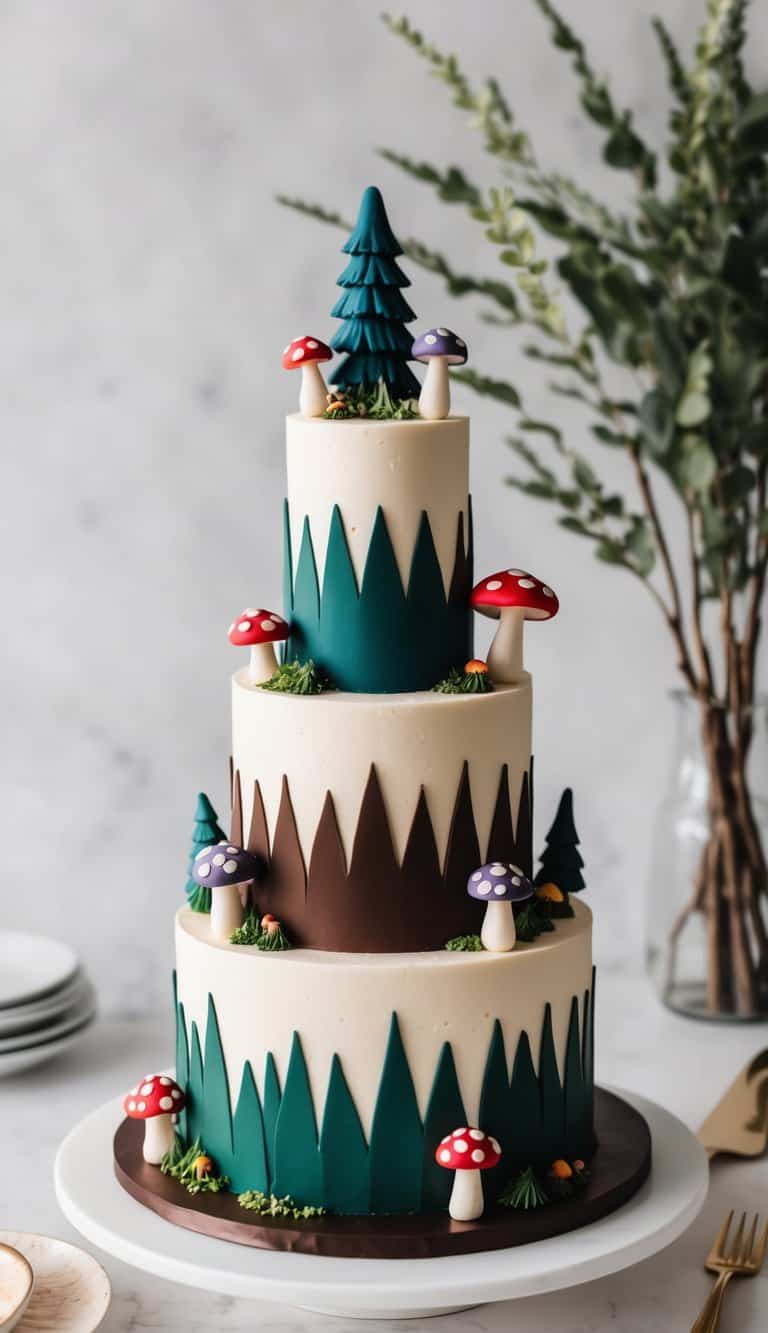 A whimsical forest with two-tone chocolate trees and colorful mushroom cake decorations