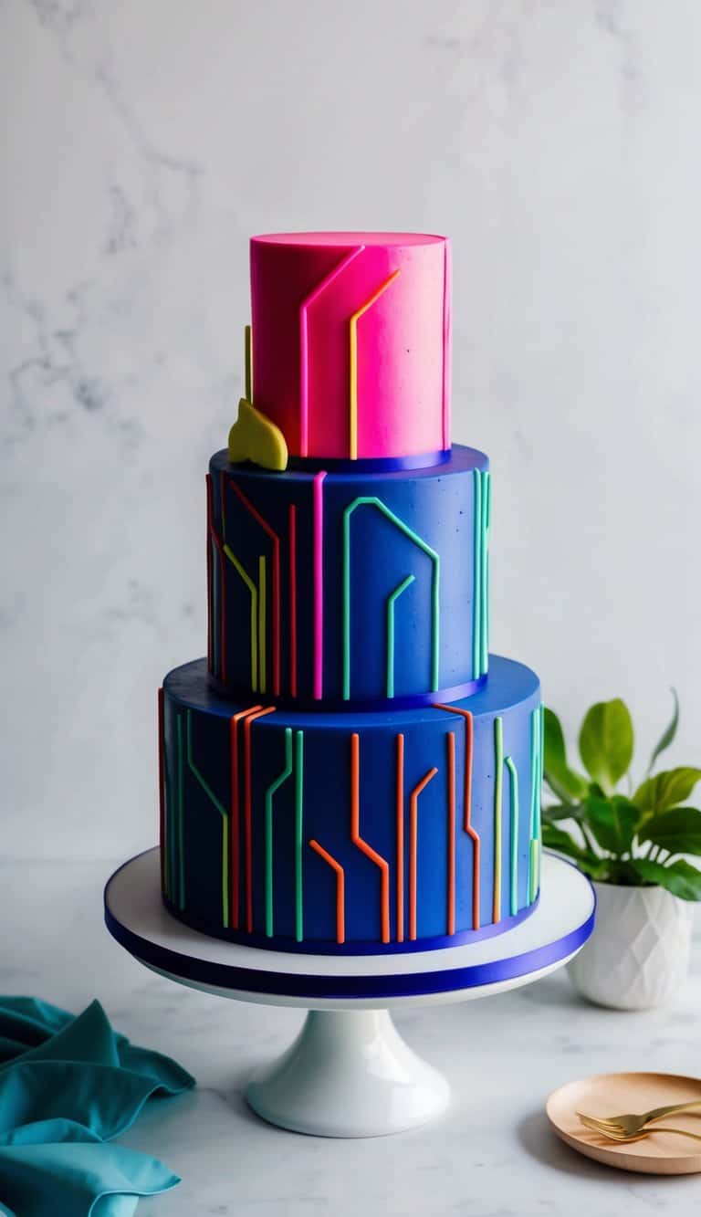 A futuristic neon circuit design cake with vibrant glowing colors