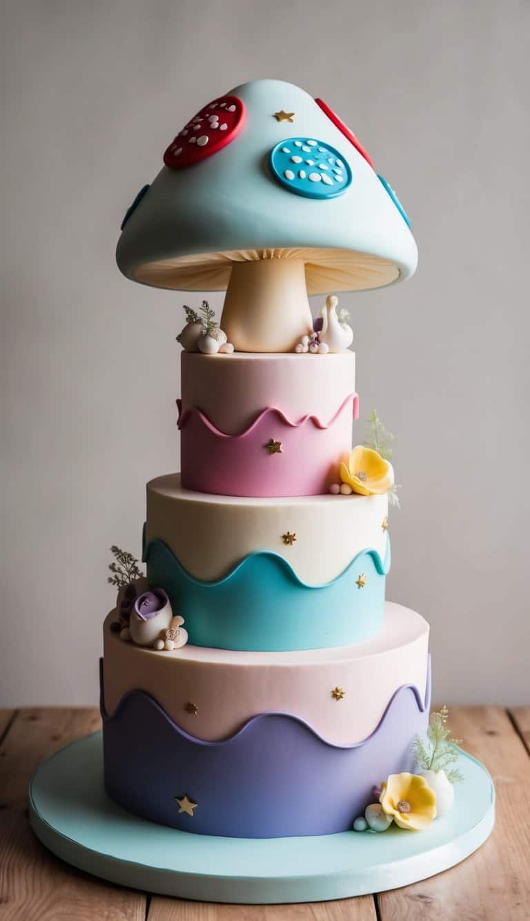 A whimsical fairytale-inspired mushroom cake with colorful fondant and smooth finishes