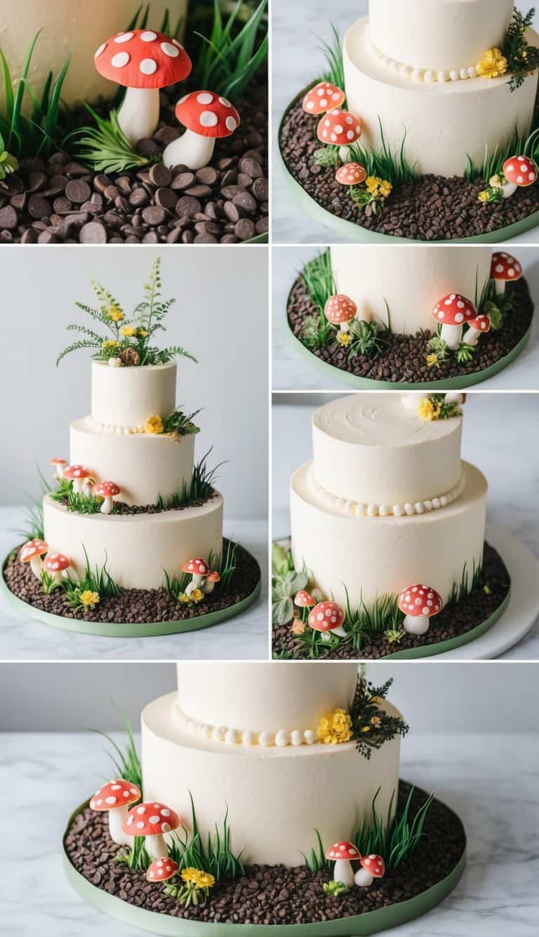 A whimsical garden with chocolate chip gravel paths, surrounded by colorful mushroom cake decorations