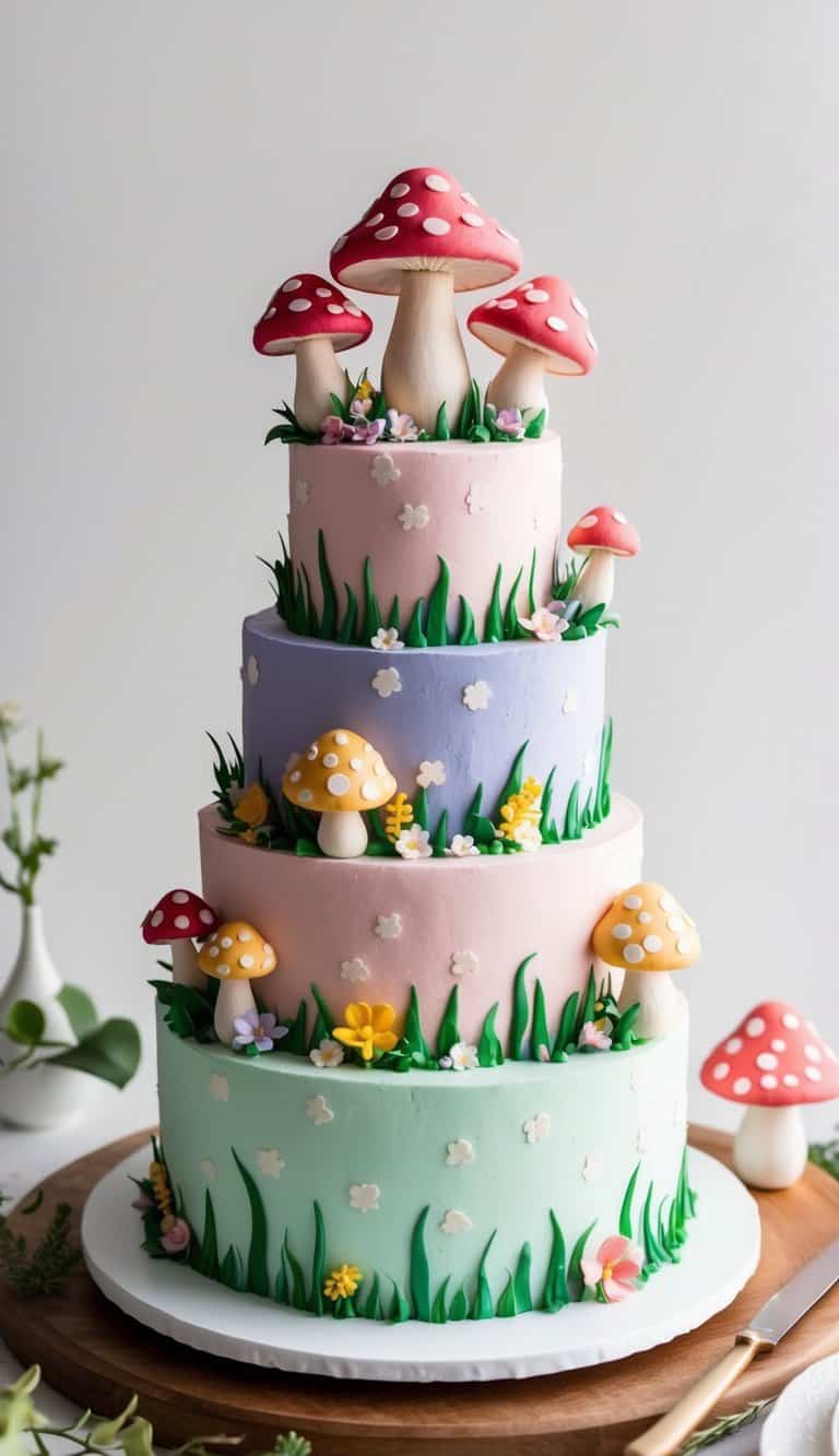 A whimsical mushroom cake garden with colorful pastel frosting and fairytale-inspired decorations