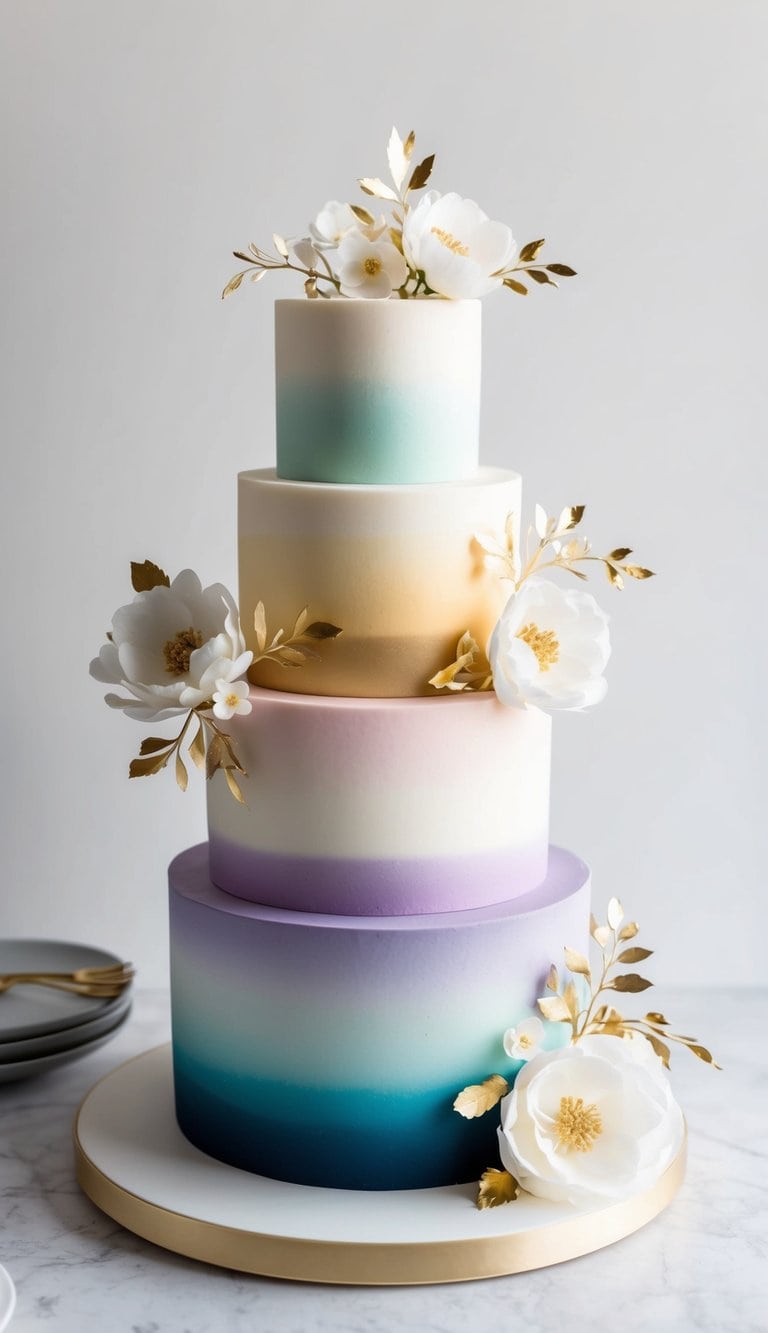 A three-tiered ombre cake with smooth gradient colors, adorned with delicate flowers and gold leaf accents