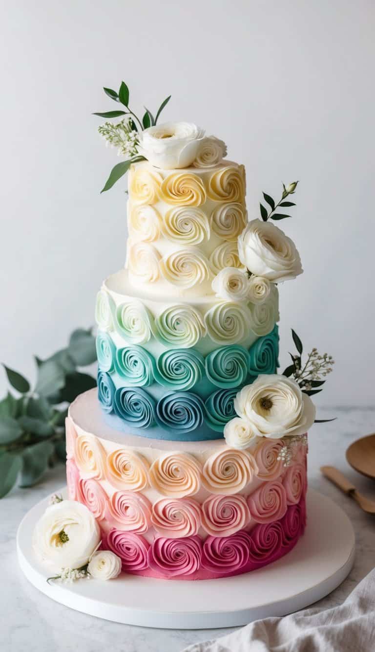 A three-tiered ombre rosette cake with seamless gradient colors, adorned with elegant floral decorations
