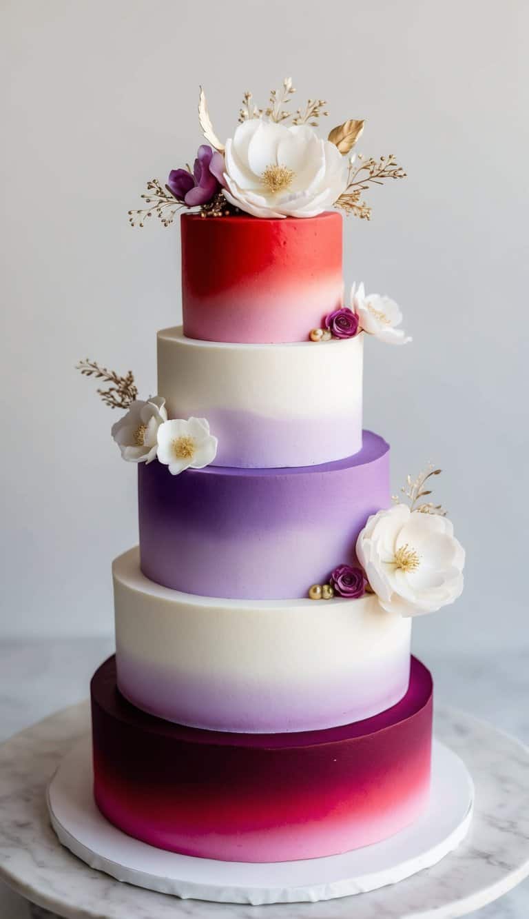 A three-tiered cake with smooth ombre colors transitioning from red to purple, topped with delicate flowers and gold accents