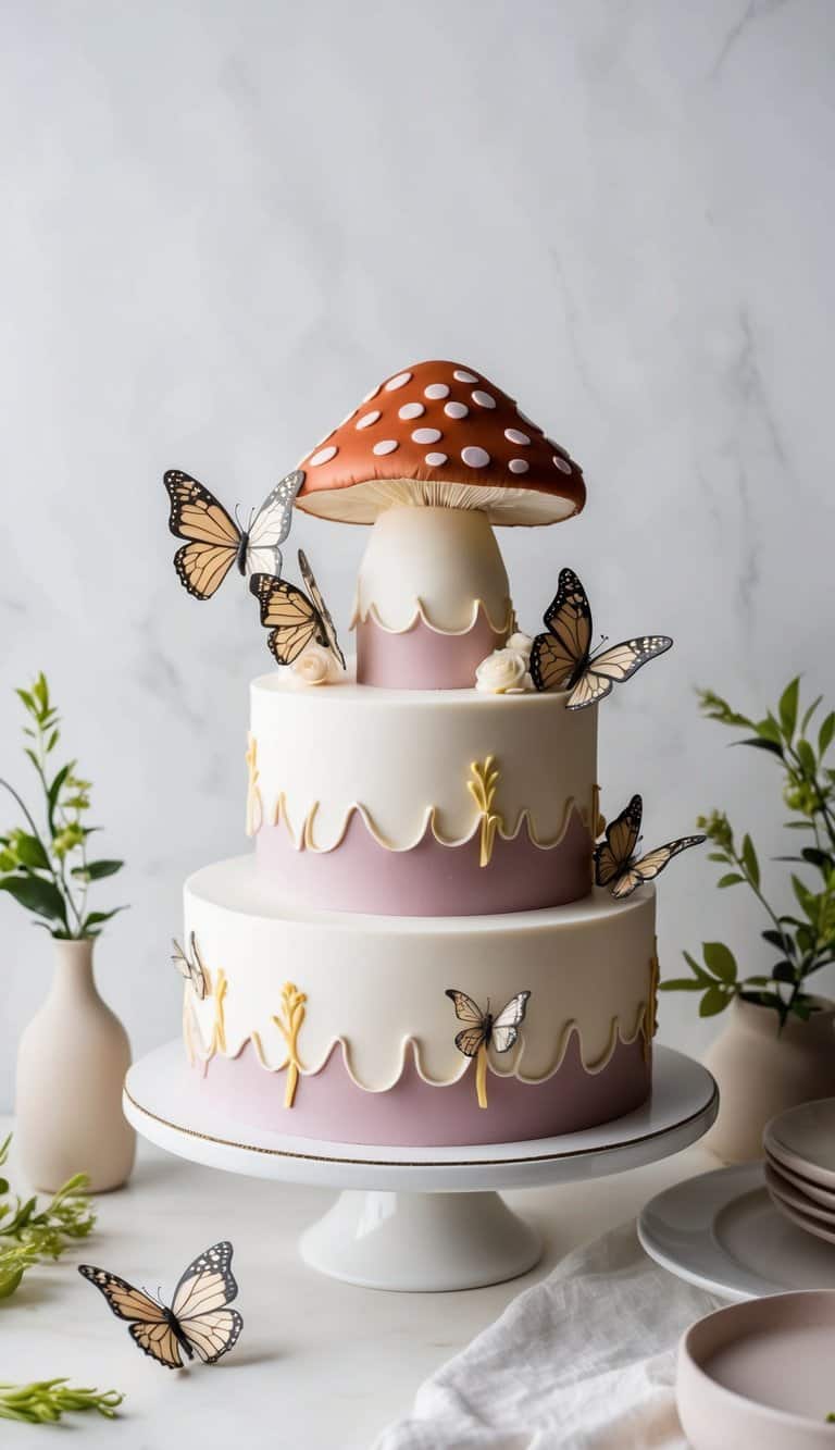 A whimsical mushroom cake surrounded by decorative butterfly accents